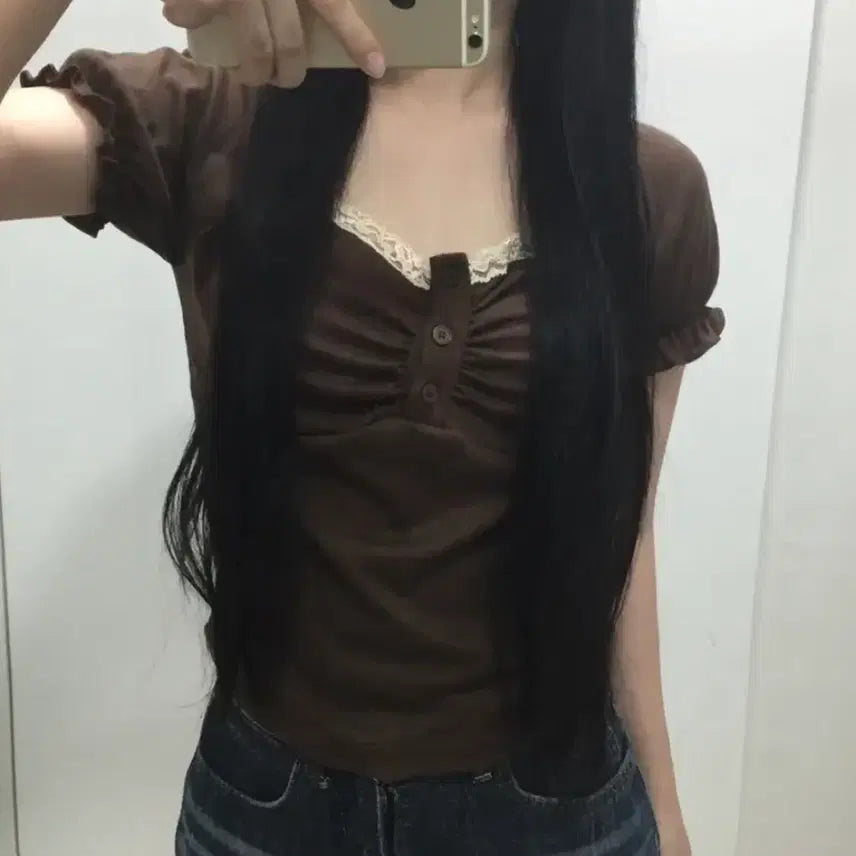 [BUNJANG] Frill Lace Puff Short Sleeve Top / 에이블리 프릴 레이스 퍼프 반팔 탑 티 로걀탑