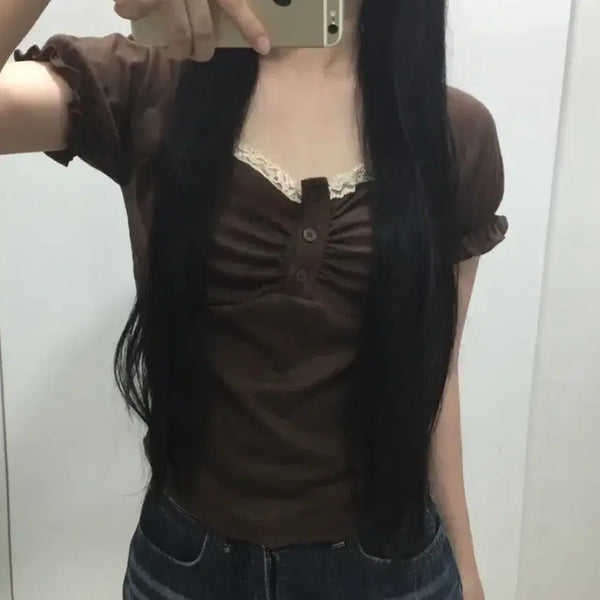 [BUNJANG] Frill Lace Puff Short Sleeve Top / 에이블리 프릴 레이스 퍼프 반팔 탑 티 로걀탑