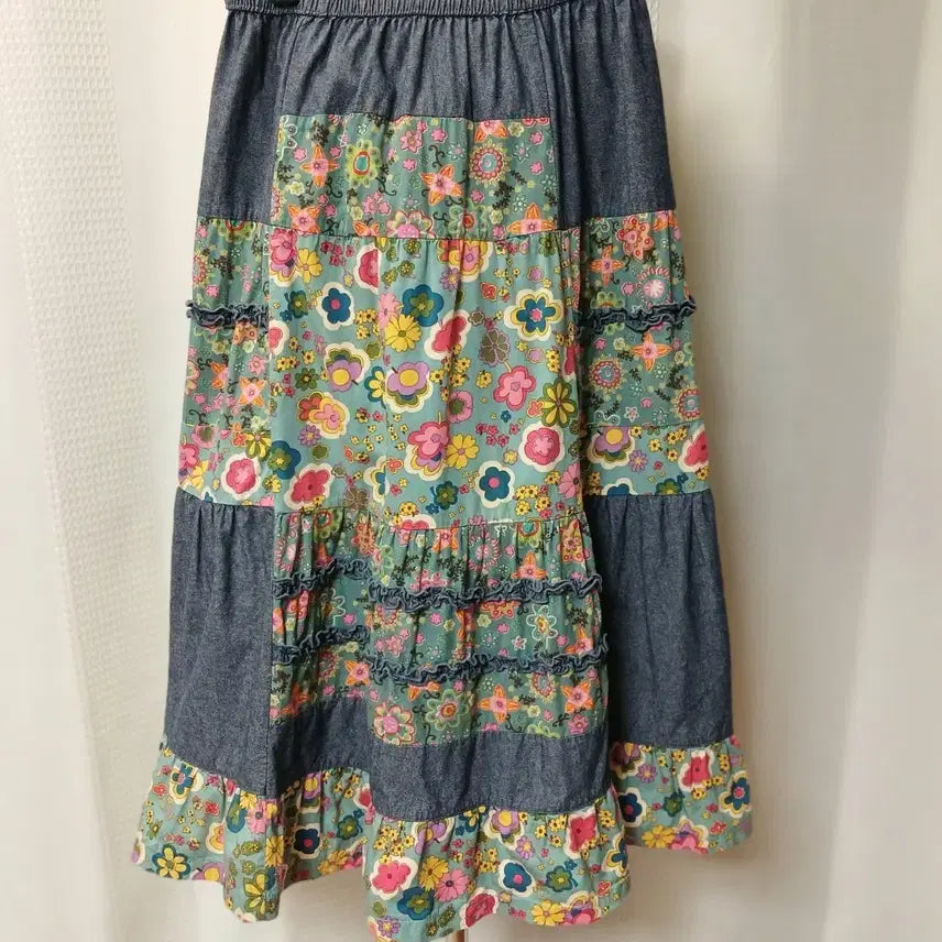 [BUNJANG] Patchwork Flower Denim Long Skirt / 패치워크 플라워 데님 롱스커트