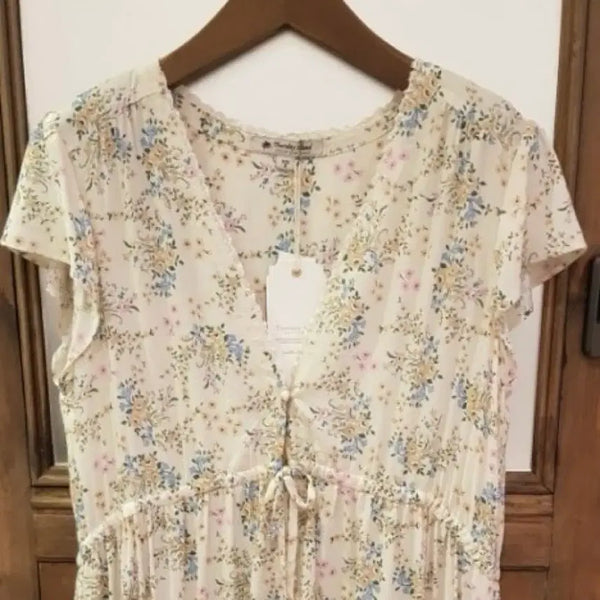 [BUNJANG] Thursday Island Linen 100% Lace Line Flower Robe Long Dress - Ivory / 써스데이아일랜드 인견100% 레이스라인 플라워 로브형 롱원피스 아이보리 캡소매 반팔 여름