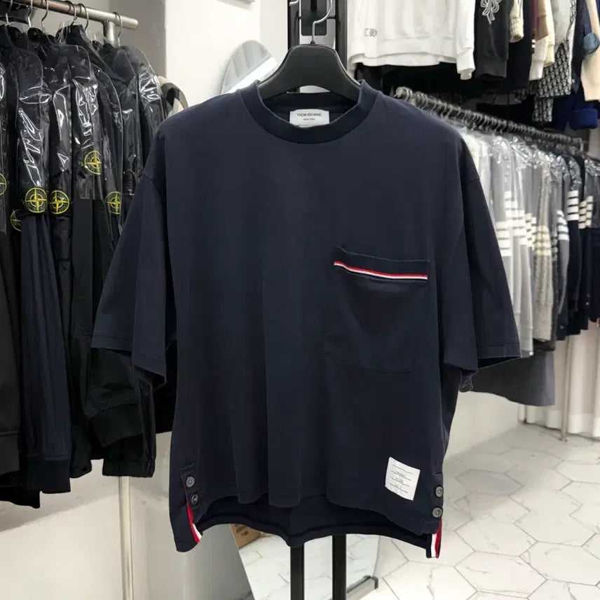 [BUNJANG] Thom Browne Pocket Tricolor Oversized T-Shirt / [2] 톰브라운 포켓 삼선 오버핏 반팔티