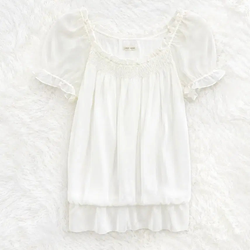 [BUNJANG] L'EST ROSE Chiffon Shirring Short Sleeve Blouse / L'EST ROSE 레스트로즈 쉬폰 셔링 반팔 블라우스 lizlisa cecil mcbee sm2
