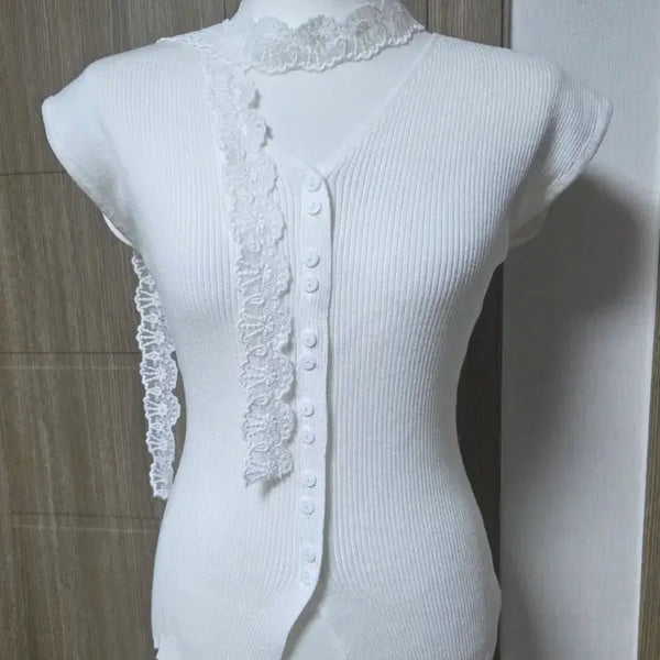 [BUNJANG] White Lace Tie Ribbed Knit / 화이트 레이스 타이 골지 니트