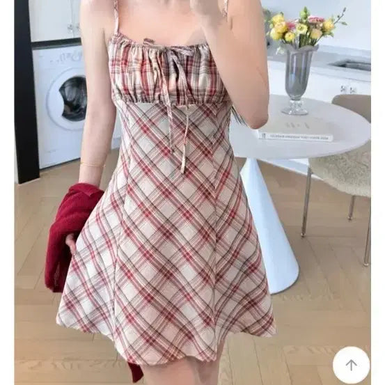 [BUNJANG] Checkered Strap Mini Dress / 체크 끈 나시 원피스