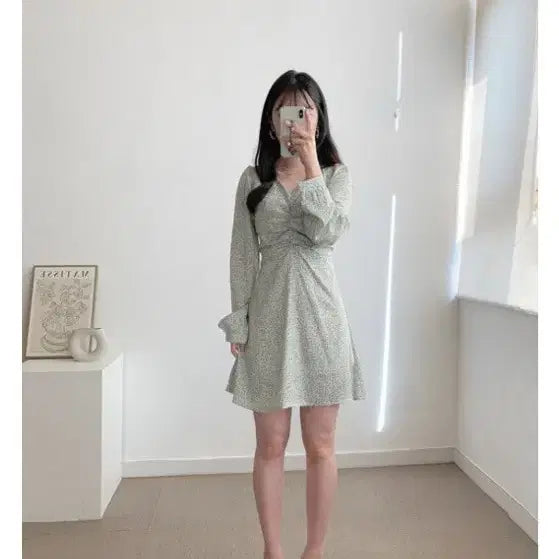 [BUNJANG] Floral Print Flare Long Dress - Green / 잔꽃무늬 플레어 원피스 그린