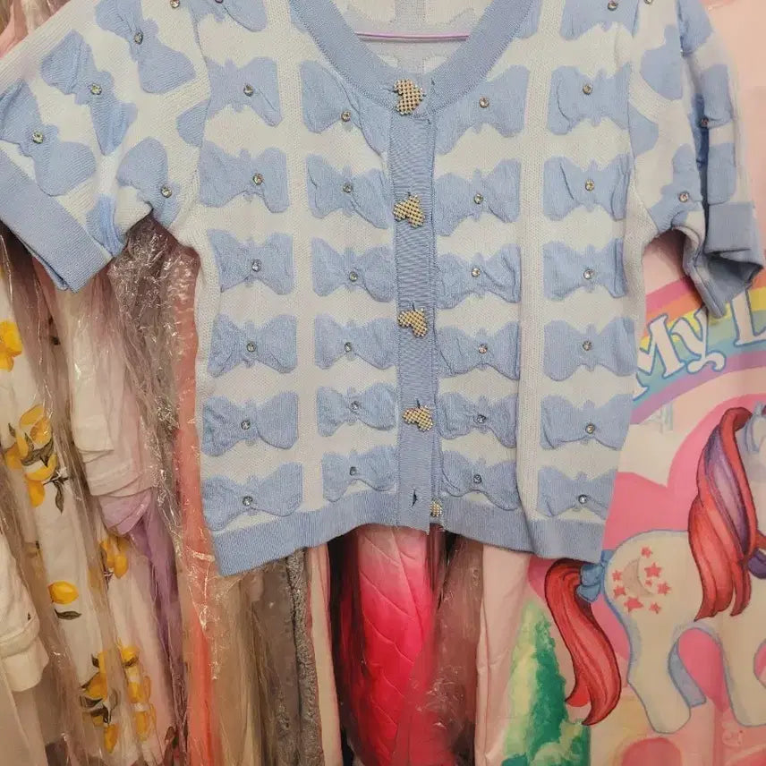 [BUNJANG] Ribbon Cubic Cardigan - Blue / 리본 큐빅 가디건 수입 블루