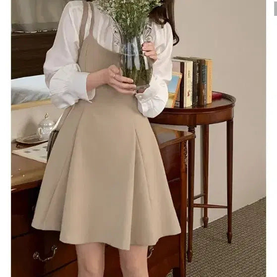 [BUNJANG] Beige Sleeveless Bustier Strap Midi Dress / 베이지색 민소매 뷔스티에 끈 원피스