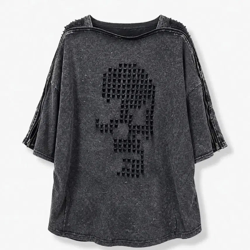 [BUNJANG] Black Skull Print Zipper Detail Short Sleeve T-Shirt / 블랙 티셔츠