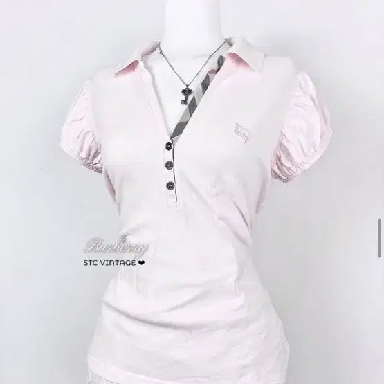 [BUNJANG] Burberry Blue Label Nova Check Pink Short Sleeve Frill Puff Collar Top / 버버리블루라벨 노바체크 핑크 반팔 프릴퍼프 카라탑 stc빈티지 히메갸루