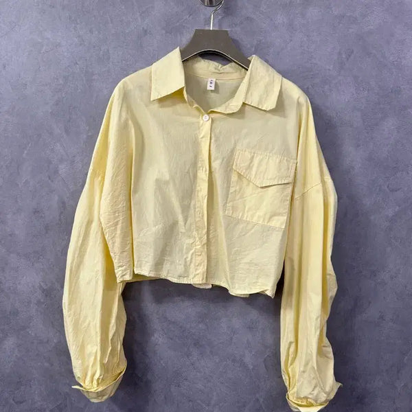 [BUNJANG] Women's Cropped Shirt Yellow Size F / 여성 크롭 셔츠 옐로우 F 실측