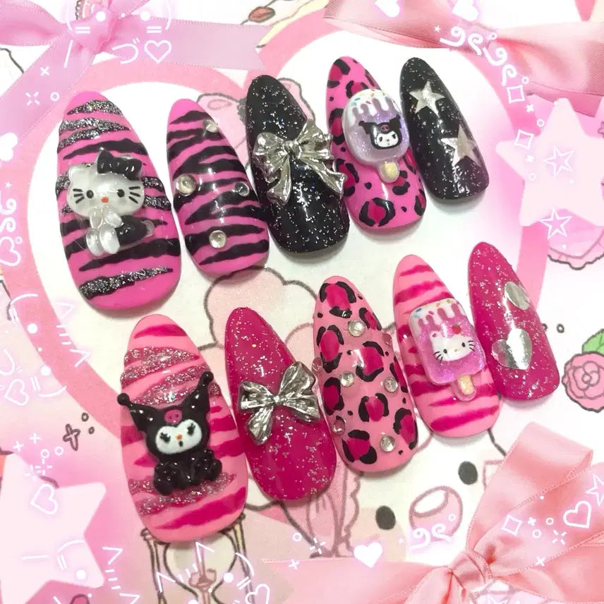[BUNJANG] Handmade Y2K Girly Leopard Hello Kitty Kuromi Nail Tips with Crystal Embellishments / (케이스증정/빠른배송)갸루 호피 헬로키티 쿠로미 수제네일팁 공주 하이틴 y2k