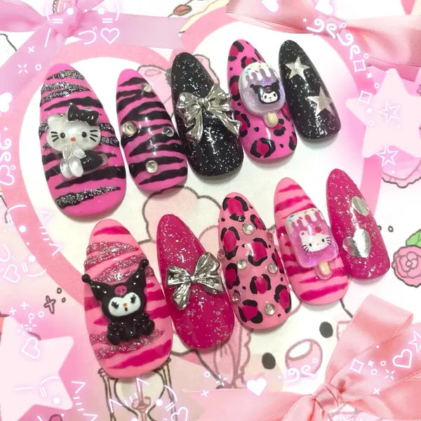 [BUNJANG] Handmade Y2K Girly Leopard Hello Kitty Kuromi Nail Tips with Crystal Embellishments / (케이스증정/빠른배송)갸루 호피 헬로키티 쿠로미 수제네일팁 공주 하이틴 y2k