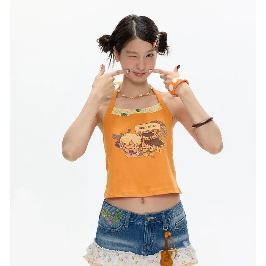 [BUNJANG] BETWEENAND Orange Beaded Halterneck Y2K Tank Top / BETWEENAND 비트윈앤드 오렌지 비즈 홀터넥 Y2K 탱크탑