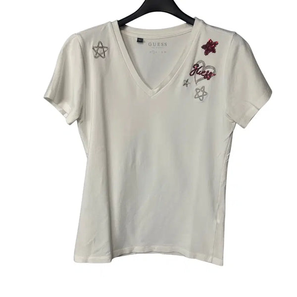 [BUNJANG] Guess Women's White V-Neck Beaded Short Sleeve T-Shirt / S 게스 여성 화이트 브이넥 비즈 반팔티