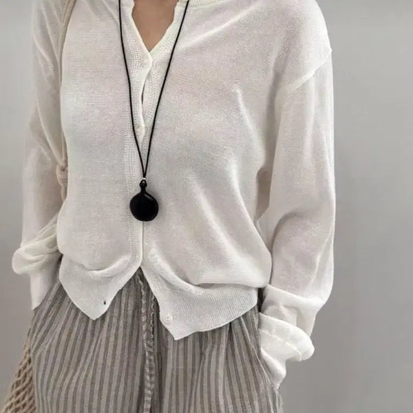 [BUNJANG] Women's Summer Sheer Lightweight Loose Round Neck Rayon Cardigan / 여성 여름 시스루 얇은 시원한 루즈핏 라운드넥 레이온 데일리 사무실 직장인 긴팔 가디건