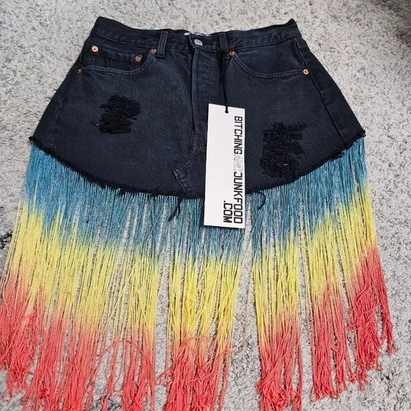 [BUNJANG] Bitchinclunkfood Gradient Denim Long Skirt with Tassels / Bitchinclunkfood 데님 스커트 롱 태슬 리바이즈 그라데이션