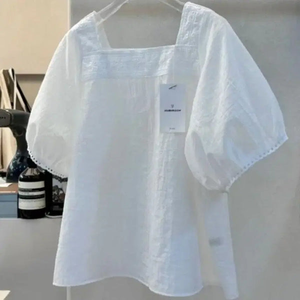 [BUNJANG] Women's Summer Loose Fit Lace Puff Sleeve Square Neck Blouse / 여성 여름 루즈핏 레이스 퍼프 벌룬소매 사각 스퀘어넥 블라우스 여행 휴양지 데일리 옷 룩