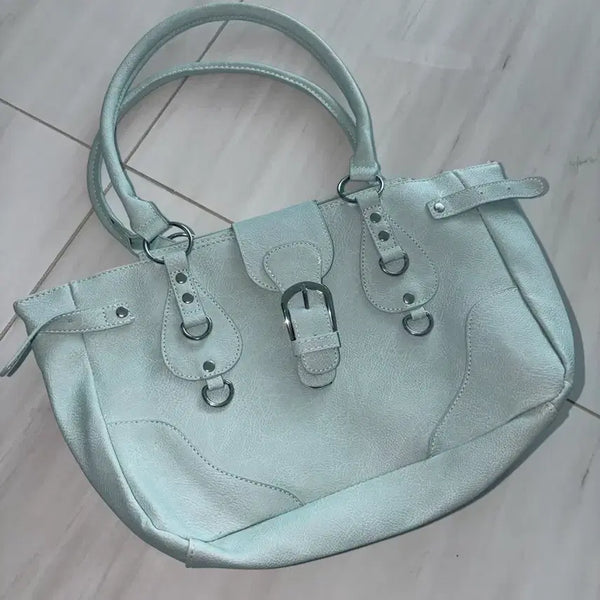 [BUNJANG] Mint Leather Tote Shoulder Bag with Buckle Detail / 민트 컬러 숄더백 민트가방 레더 토트백 버클 보부상