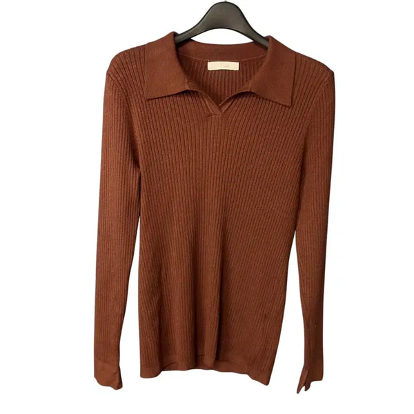 [BUNJANG] JJ JIGOTT Women's Brown Collar Ribbed Long-Sleeve T-Shirt / free JJ지고트 여성 브라운 카라 골지 긴팔티