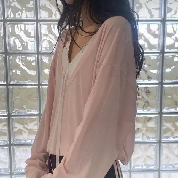 [BUNJANG] Women's Summer Deep V-Neck Lightweight Long-Sleeve T-Shirt / 여성 여름 깊은 딥브이넥 얇은 데일리 휴가 비치 여행 데이트 바캉스 레이어드 긴팔 티셔츠