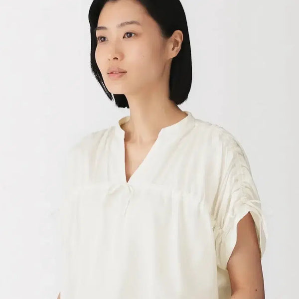 [BUNJANG] Muji Labo Cotton Satin Gather Blouse - White (S) / 무인양품 LABO 면 새틴 개더 블라우스 S 화이트