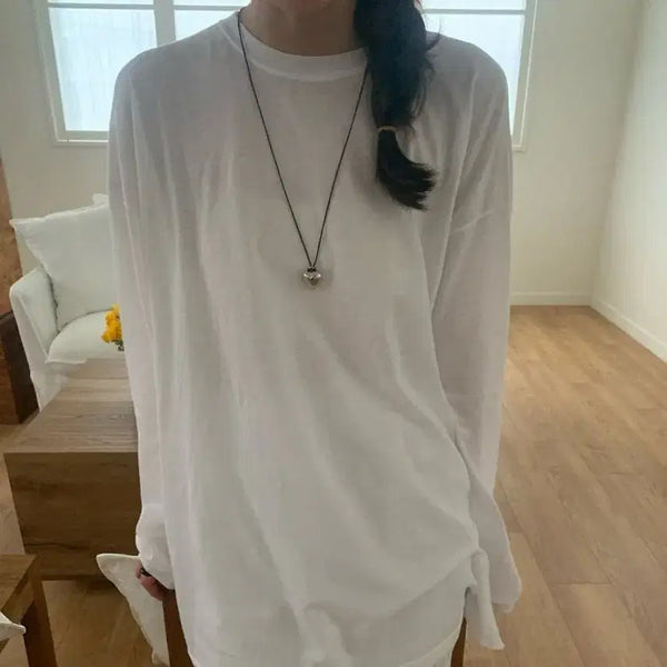 [BUNJANG] Women's Round Neck Long Sleeve Loose Fit Oversized T-Shirt / 여성 봄 여름 라운드넥 긴팔 롱 슬리브 루즈핏 오버핏 티셔츠 데일리 대학생 룩 옷