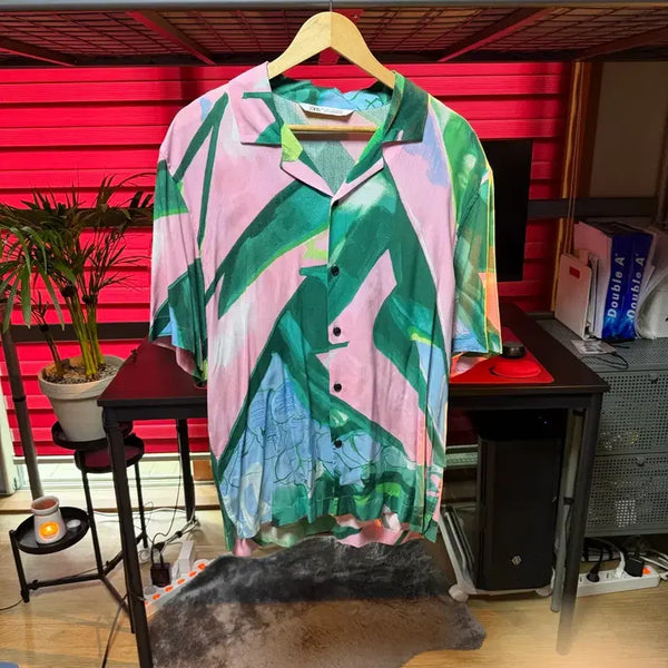 [BUNJANG] Zara Pink Tropical Graffiti Bowling Shirt (L) / 자라 핑크 트로피컬 그래피티 볼링셔츠 (L / 미사용)