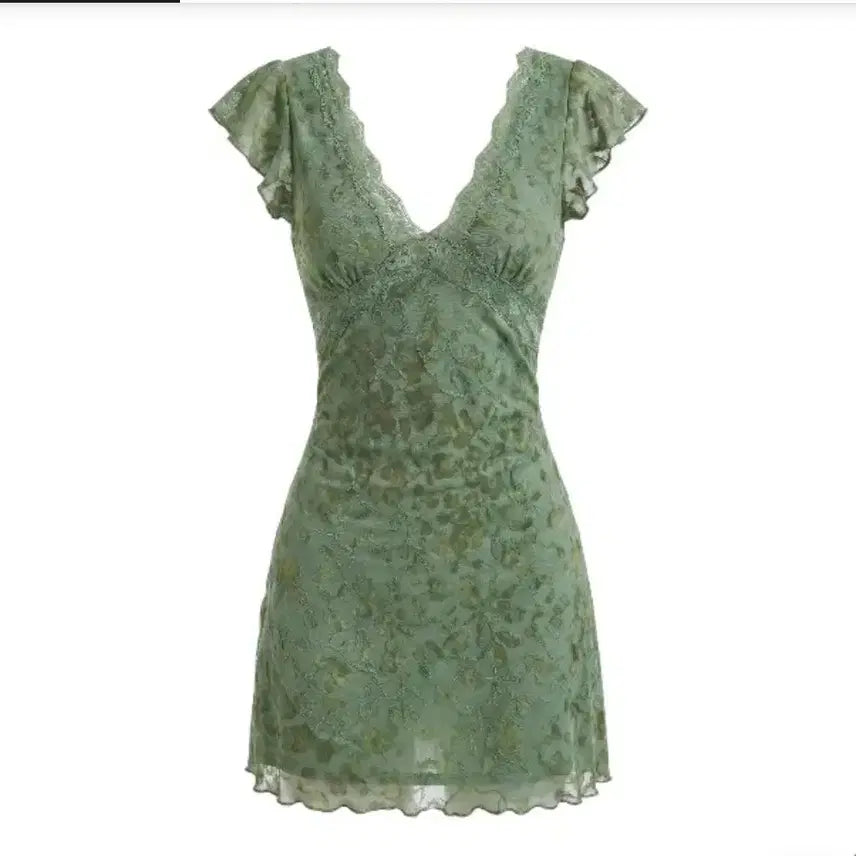 [BUNJANG] Vintage Green Floral Slim Mini Dress / 빈티지 그린 플로럴 슬림 미니원피스
