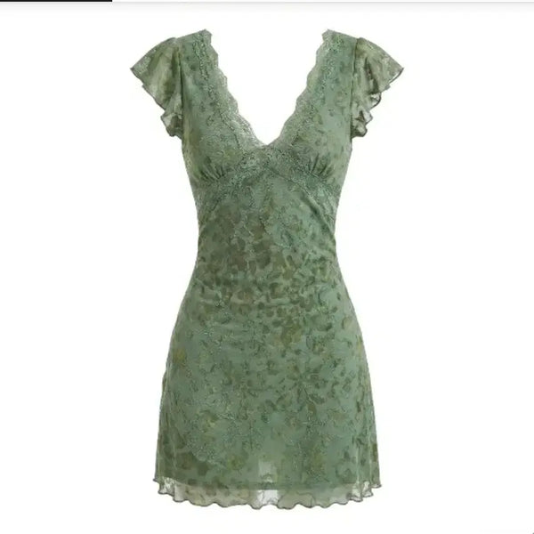 [BUNJANG] Vintage Green Floral Slim Mini Dress / 빈티지 그린 플로럴 슬림 미니원피스