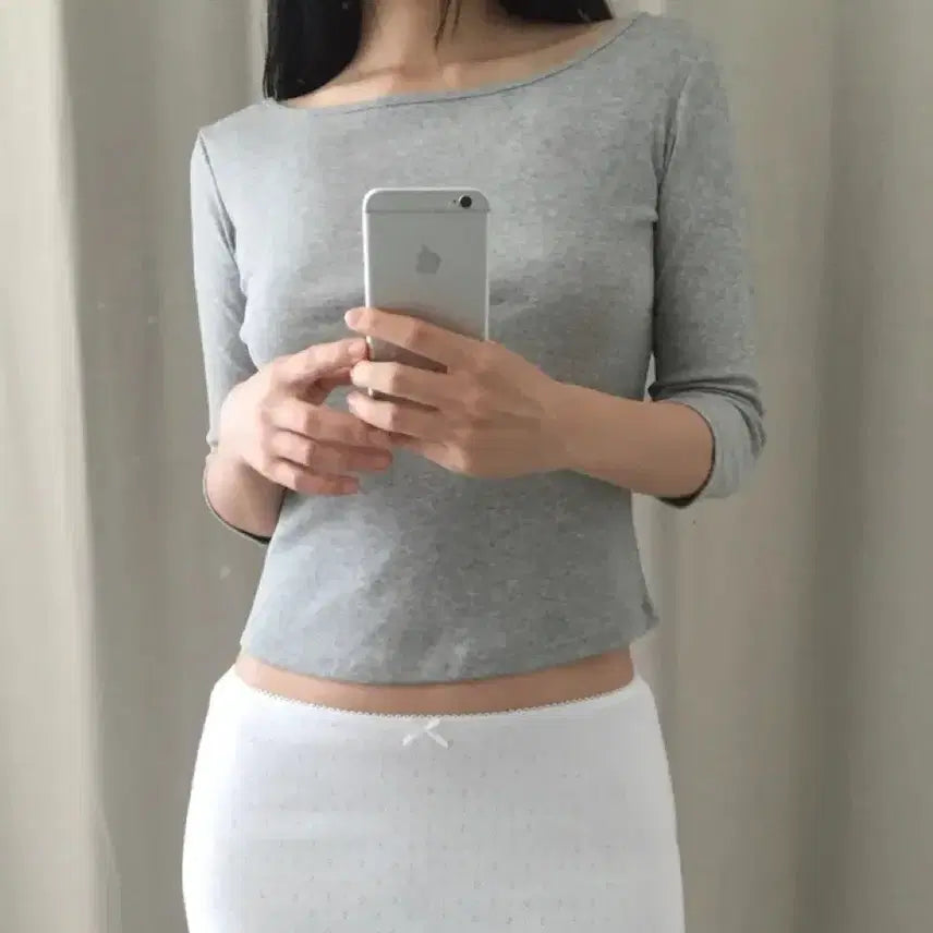 [BUNJANG] Boat Neck 7-Sleeve T-Shirt - Gray / 보트넥 7부티 그레이