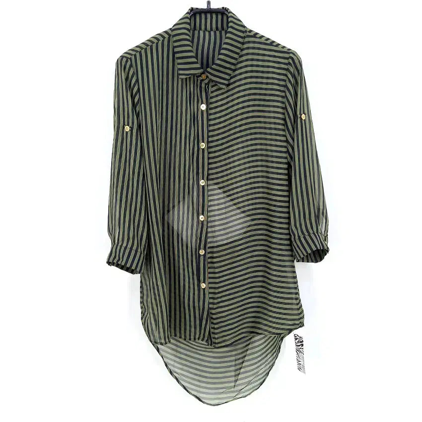 [BUNJANG] Vintage Summer Sheer Blouse with Roll-up Sleeves and Back Slit / 빈티지 여 여름 7부롤업 뒤트임 시스루블라우스 그린 (HU46199)