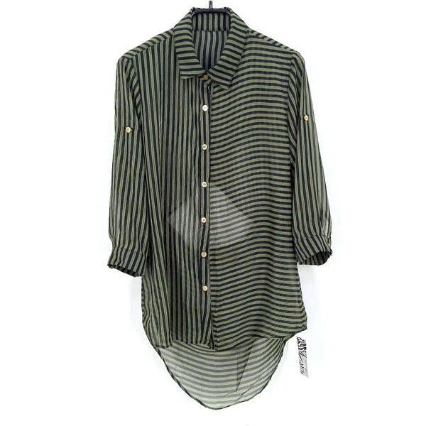 [BUNJANG] Vintage Summer Sheer Blouse with Roll-up Sleeves and Back Slit / 빈티지 여 여름 7부롤업 뒤트임 시스루블라우스 그린 (HU46199)