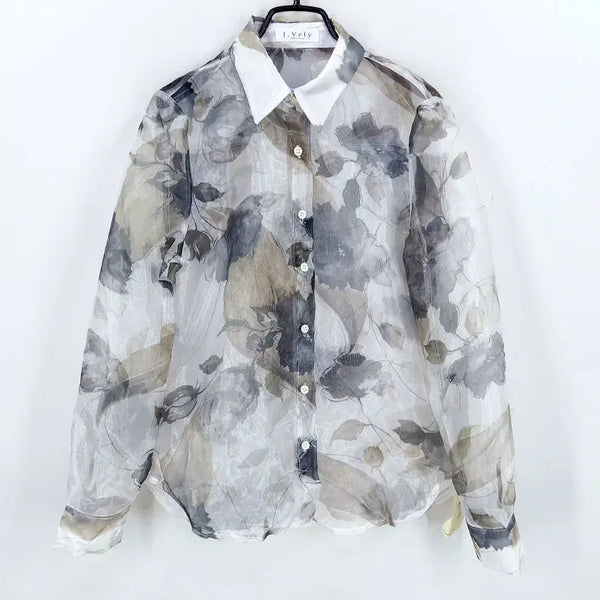 [BUNJANG] Jubilee Women's Summer Organza See-through Long Sleeve Shirt Grey / 제이블리 여성 여름 오간자 시스루 긴팔셔츠 그레이 (HU46202)