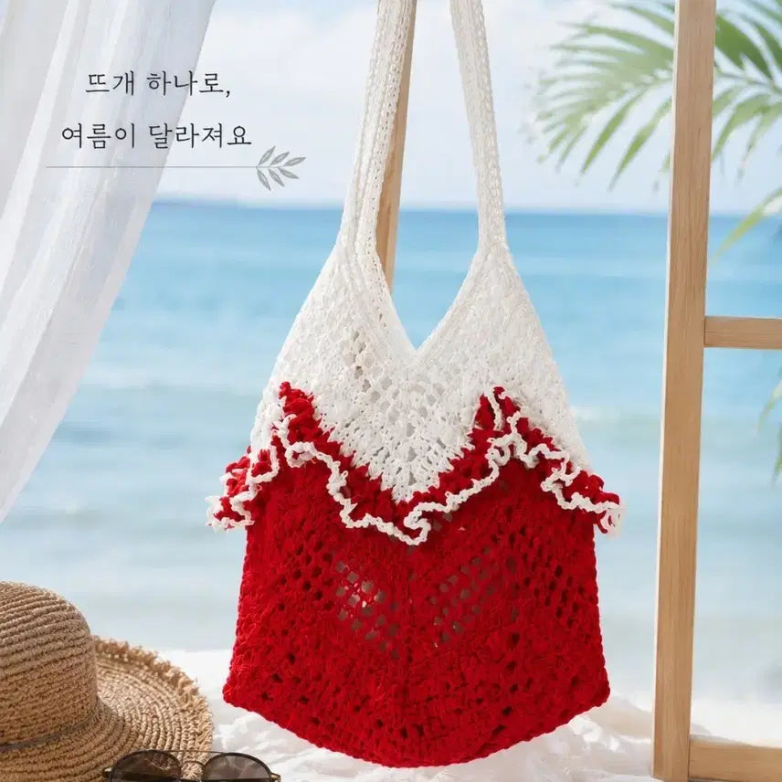 [BUNJANG] Handmade Crochet Granny Shoulder Bag (Red & White) / 핸드메이드 뜨개 가방 러블리 레이스 그래니 숄더백  (레드&화이트)