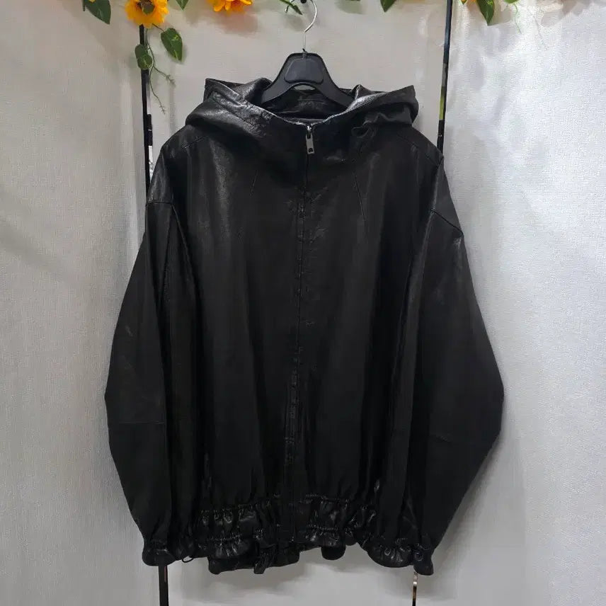 [BUNJANG] Robo Lambskin Leather Hooded Jumper Black / 로보양가죽점퍼