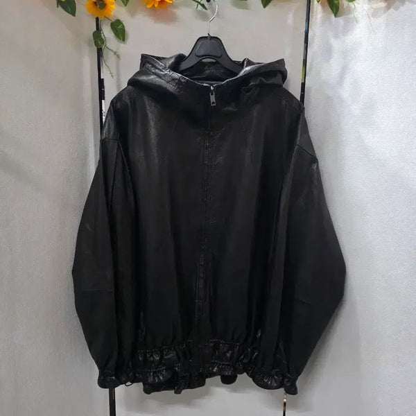 [BUNJANG] Robo Lambskin Leather Hooded Jumper Black / 로보양가죽점퍼