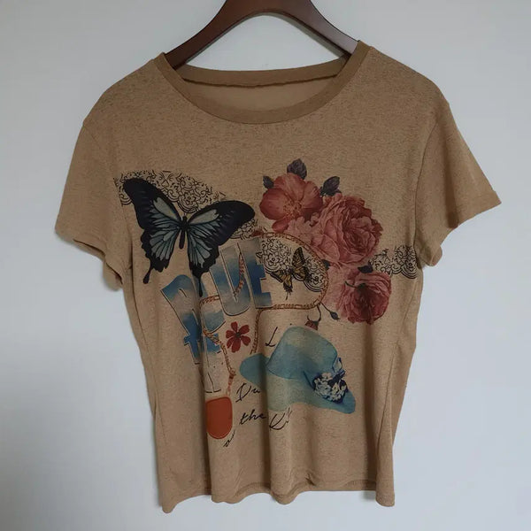 [BUNJANG] Vintage Style Printed Short Sleeve T-Shirt / 여성 반팔티 나염 여성 반팔 티셔츠 G299