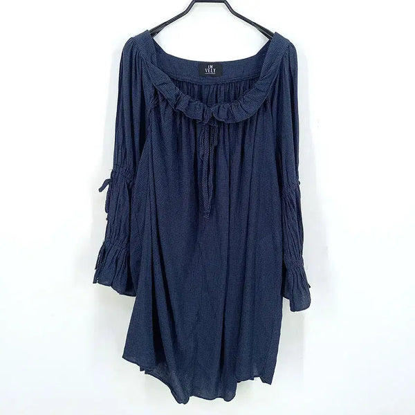 [BUNJANG] Imvely Women's Summer Off-Shoulder Blouse with Sleeve Slits (Navy) / 임블리 여성 여름 소매트임 오프숄더블라우스 네이비 (HU46205)
