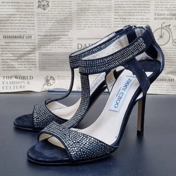 [BUNJANG] Jimmy Choo Crystal Suede Sandal Heels / 지미추 크리스탈 스웨이드 샌들힐 35.5 225 굽11