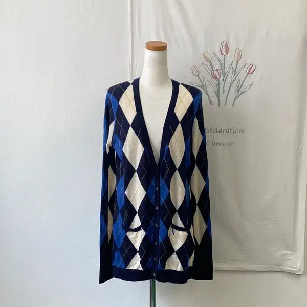 [BUNJANG] Hazzys Argyle Cardigan Blue Size 384 / 헤지스 아르가일 가디건 블루 384