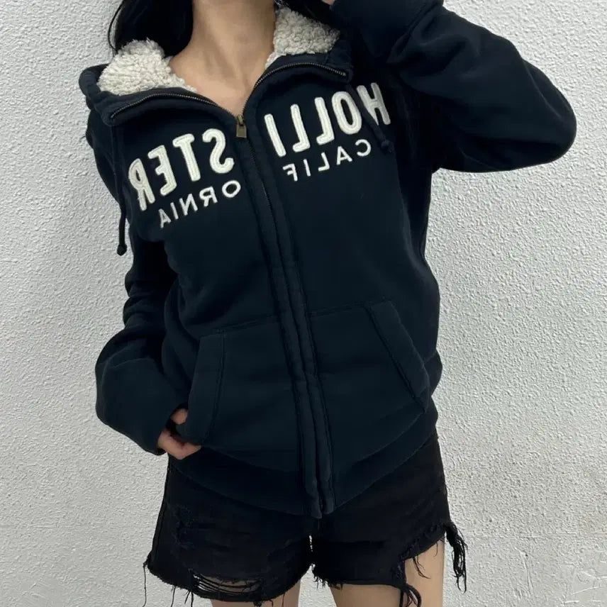 [BUNJANG] Hollister Center Logo Fleece Hooded Zip-Up Navy S / 홀리스터 센터로고 네이비 양털 후드집업 S