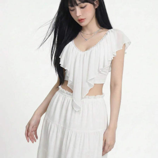 [BUNJANG] White Goddess Fit Ruffle Crop Blouse / 화이트 여신핏 러플 크롭 블라우스