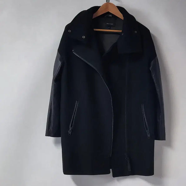 [BUNJANG] MACKAGE Montreal Wool Sleeve Leather Trim High Neck Coat Black / 맥케이지 몬트리올 울 슬리브 가죽 배색 하이넥 코트 블랙 105