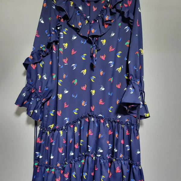 [BUNJANG] Lucky Chouette Navy Owl Print Frill Relaxed Fit Dress / 럭키슈에뜨 원피스 36