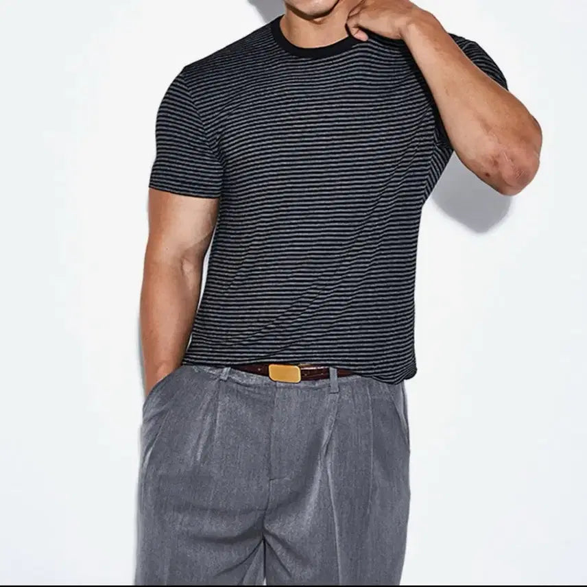 [BUNJANG] RVD Pinstripe Crop Muscle Fit T-Shirt (Black/Gray, XL) / (묶음 판매)RVD 핀 스트라이프 크롭 머슬핏 반팔티(블랙/그레이 XL)