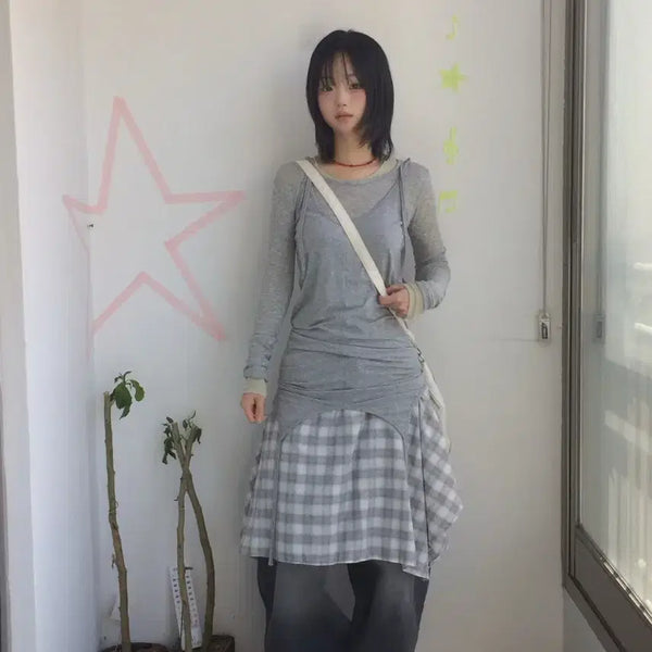 [BUNJANG] Neobeen Check Asymmetrical Skirt / 너의빈 체크 언발 스커트