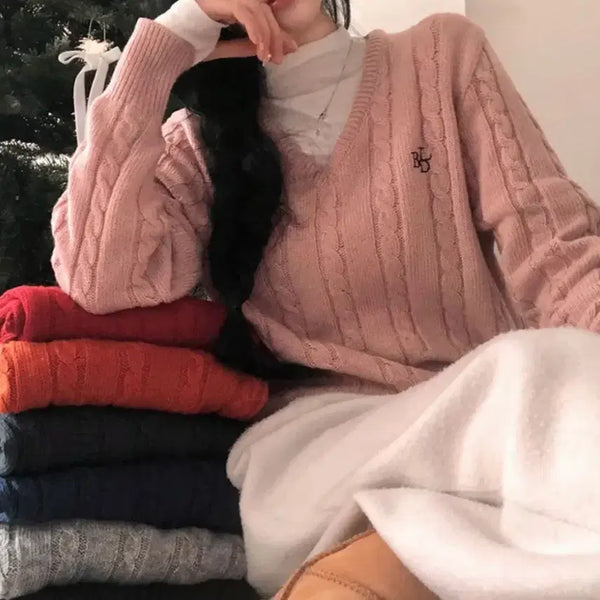 [BUNJANG] Ablley Pink Cable Knit Sweater / 에이블리 핑크 꽈배기 니트