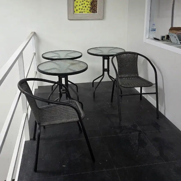 [BUNJANG] Round Glass Table Set with 6 Rattan Chairs / (무료배송)카페용 원형 유리 테이블 3개 + 라탄 의자 6개