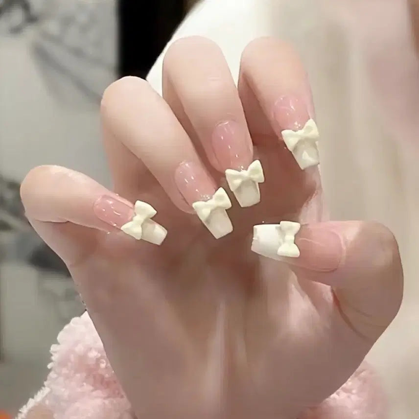 [BUNJANG] Ivory French Ribbon Nail Tips / 리본 네일팁 아이보리 귀여운 프렌치 프렌치네일 양산형