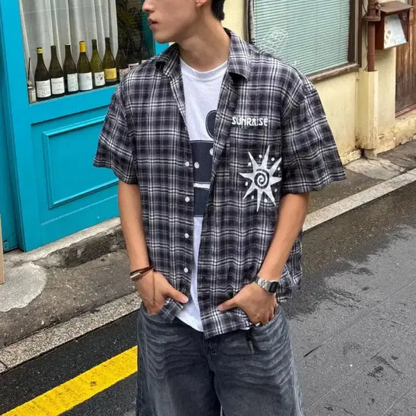 [BUNJANG] Unisex Check Print Summer Oversized Short-Sleeve Shirt / 새상품) 남녀공용 해 썬 나염 힙 오버핏 체크 여름 반팔 남방 셔츠